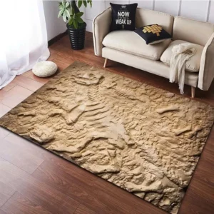 3D Dinosaur Skeleton Excavation Area Rug - Realistic Fossil Dig Site Floor Mat for Kids Room & Study - Large Prehistoric Paleontology Home Decor