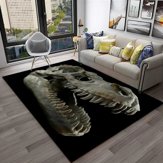 3D T-Rex Skull Fossil Area Rug - Realistic Tyrannosaurus Rex Skeleton Print Floor Mat for Man Cave & Study - Bold Prehistoric Dinosaur Home Decor