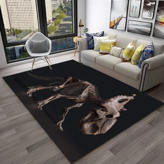 3D Triceratops Skeleton Fossil Area Rug - Realistic Horned Dinosaur Floor Mat for Living Room & Office - Unique Paleontology Prehistoric Home Decor