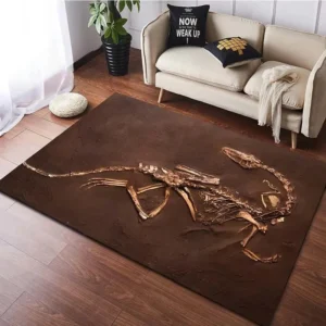 3D Raptor Skeleton Fossil Area Rug - Realistic Dinosaur Excavation Floor Mat for Kids Bedroom & Office - Unique Paleontology Prehistoric Home Decor
