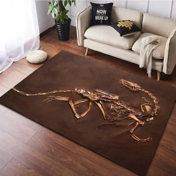 3D Raptor Skeleton Fossil Area Rug - Realistic Dinosaur Excavation Floor Mat for Kids Bedroom & Office - Unique Paleontology Prehistoric Home Decor