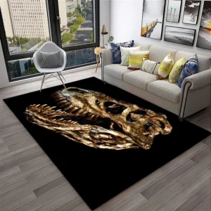 3D Gold T-Rex Skull Fossil Area Rug - Realistic Tyrannosaurus Rex Skeleton Print Floor Mat for Man Cave - Luxury Prehistoric Paleontology Home Decor