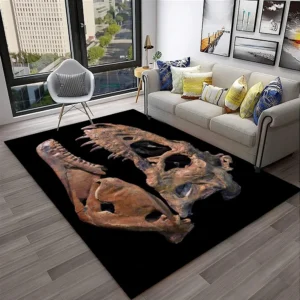 3D Spinosaurus Skull Fossil Area Rug - Realistic Dinosaur Skeleton Print Floor Mat for Man Cave & Study - Unique Prehistoric Paleontology Home Decor
