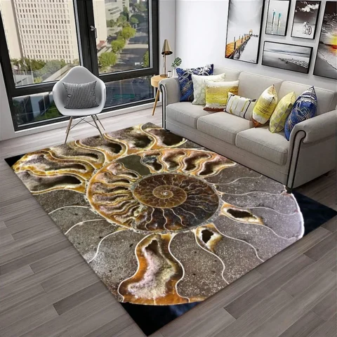 3D Ammonite Fossil Spiral Area Rug - Realistic Ancient Shell Cross-Section Floor Mat for Living Room - Unique Paleontology Prehistoric Home Decor