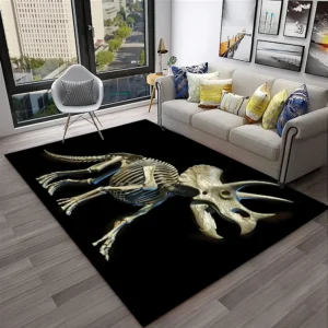 3D Triceratops Skeleton Fossil Area Rug - Realistic Horned Dinosaur Print Floor Mat for Man Cave & Office - Unique Paleontology Prehistoric Home Decor