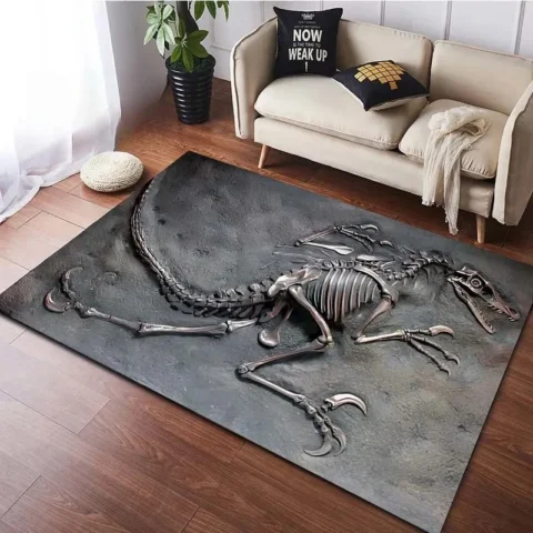 3D Velociraptor Fossil Area Rug - Realistic Dinosaur Skeleton Floor Mat for Kids Bedroom & Study - Unique Prehistoric Paleontology Home Decor